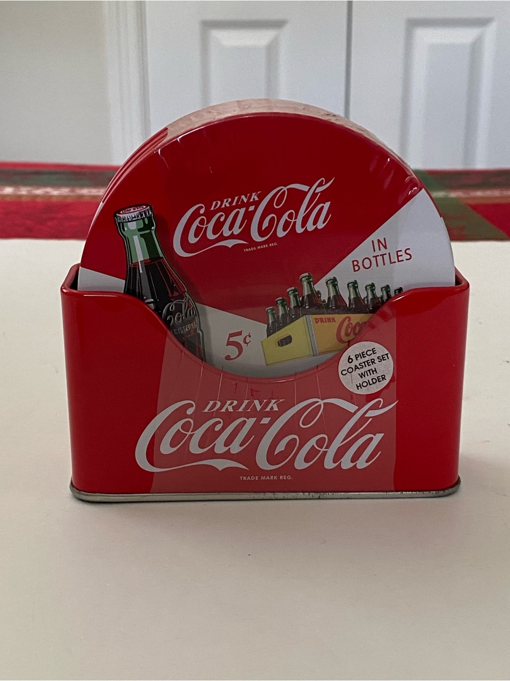 Coca Cola Logo Red Branded Tin Coasters Set of 6 with Holder Cork Back NEW